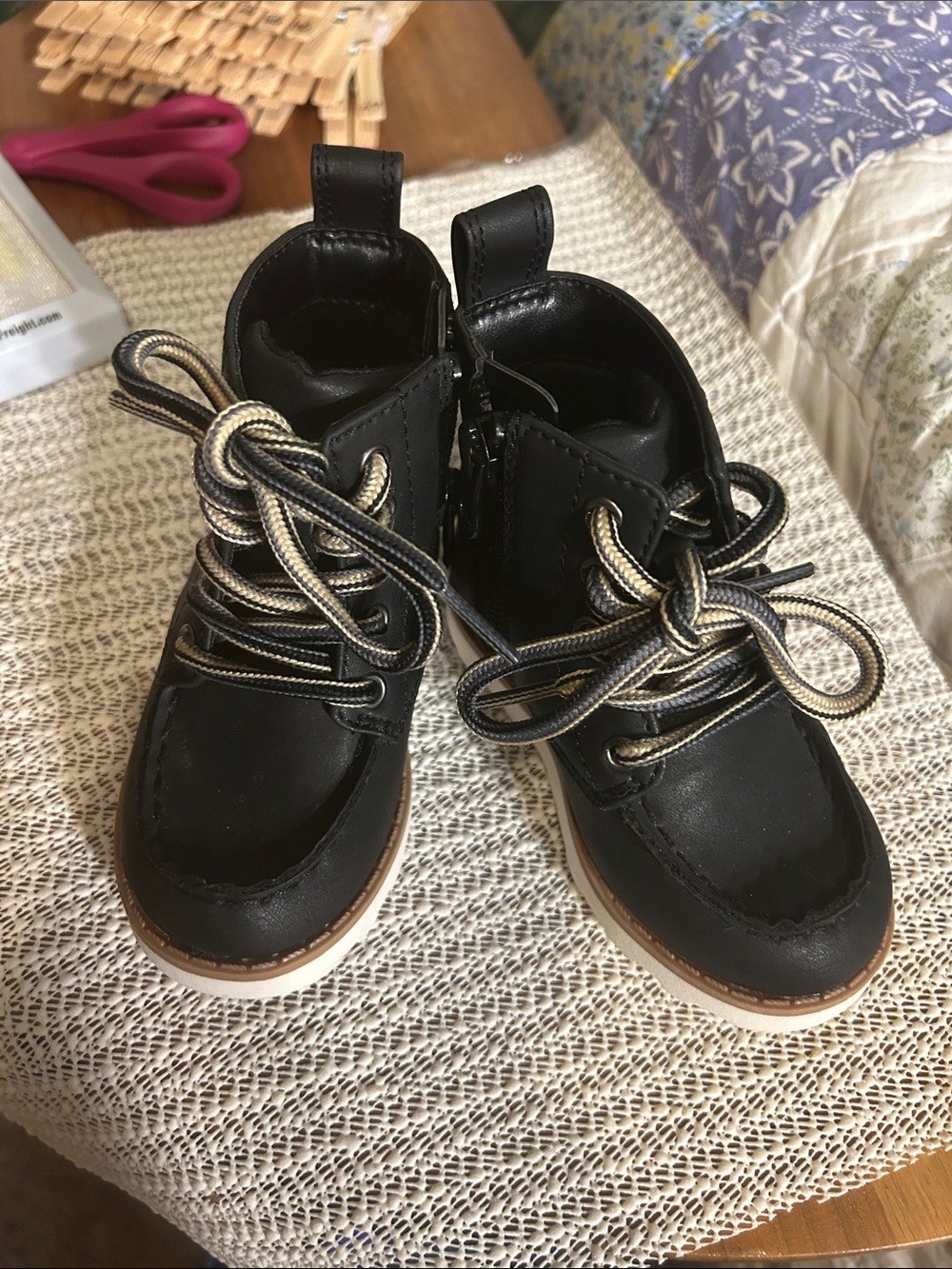 Cat & Jack Black Lace-Up Baby Ankle Boots with Tan Trim